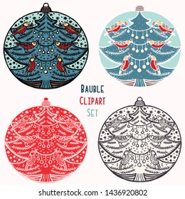 Robin red breast Christmas bauble ornament set. Isolated festive design element. Hand draw winter holiday clip art icon. Festive fir tree vector illustration for traditional yuletide greeting card.