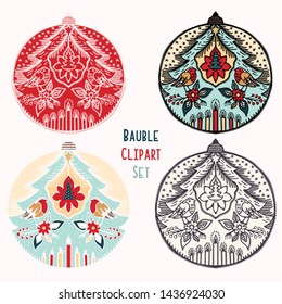 Robin red breast Christmas bauble ornament set. Isolated festive design element. Hand draw winter holiday clip art icon. Festive fir tree vector illustration for traditional yuletide greeting card.