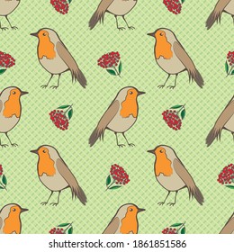 Robin Redmama, bayas y follaje foliage sin fisuras fondo de patrón vectorial. Aves de jardín y fruto de la siembra de la Semana Santa sobre fondo verde. Vida silvestre festiva de invierno y botánica por todas partes.