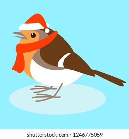 robin in santa  hat , vector illustration , flat style, profile view