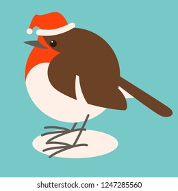 robin in santa hat, vector illustration , flat style ,profile view