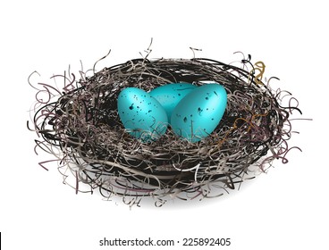 Robins nest with 3 eggs in it. Isolated on a white background