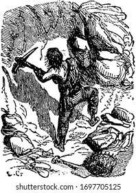 Robinson Crusoe defending the cave, this scene shows a boy defending the cave raising axe in hands, vintage line drawing or engraving illustration
