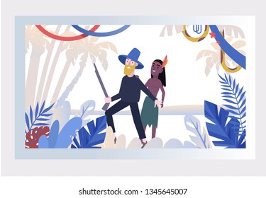 Robinson Crusoe and Friday. Native American and the first settler in America. Grace Day. Postcard