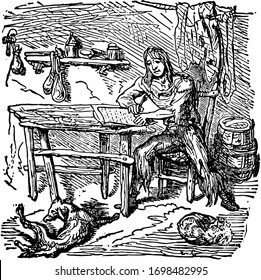 Robinson Crusoe and his diary, this scene shows a boy sitting on chair and writing diary, diary kept on table in front of him, dog and cat on ground, vintage line drawing or engraving illustration