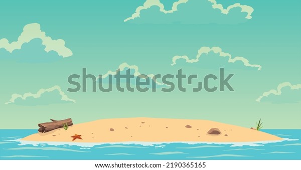 Robinson crusoe island. Desert island in\
ocean. Sunny day. Tropical paradise landscape, sandy beach flat\
cartoon vector\
illustration