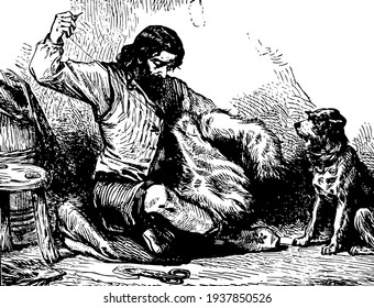 Robinson haciendo un abrigo, esta escena muestra a un anciano sentado en el suelo haciendo un abrigo, agarrando en el suelo, y un perro parado frente a él, dibujo vintage de líneas o ilustración grabadora