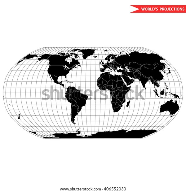 Eで全世界を平らなイメージとして表示するワールドマップのロビンソンマップ投影 白黒のワールドマップベクターイラスト のベクター画像素材 ロイヤリティフリー