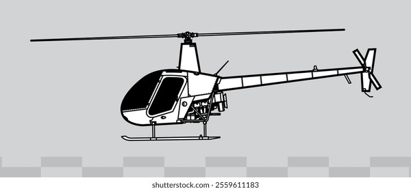 Robinson R22 Beta II. Vector drawing of Light utility and trainer helicopter. Side view. Image for illustration and infographics.