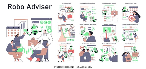 Robo Adviser concept. This illustration depicts a series of processes in financial planning using a robot adviser. Users set goals, analyze data, and monitor investments for better financial outcomes