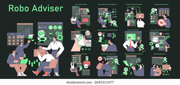 Conceito de Robo Adviser. Esta ilustração apresenta uma visão geral abrangente do aconselhamento financeiro digital, destacando as principais etapas, como a definição de metas, a análise de dados e o monitoramento de investimentos. É