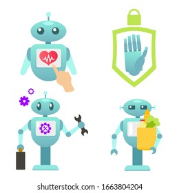 Asesora de salud de Robo, ayuda a personas discapacitadas, asesora de robots, robot inteligente para la salud, asistente personal de robo. Colorida ilustración vectorial para web, impresión, afiche. Concepto de diseño futurista.