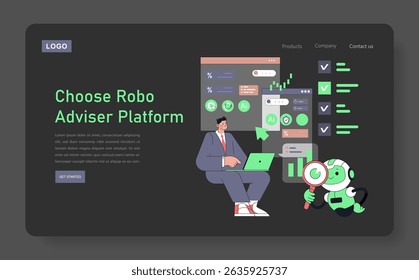 Ilustração de Robo Adviser para financiamento digital. Um profissional avalia os dados com um notebook, enquanto um robô animado auxilia. A tecnologia inovadora encontra um design de fácil utilização. Ilustração vetorial.
