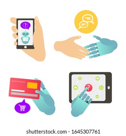 Asesora en transacciones financieras, asesora en salud, ayuda a personas discapacitadas, chat robot, robot mecánico, asistente personal de robo. Ilustración vectorial colorida para web, impresión.