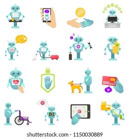 Robo advisor of financial transactions, adviser's health help, help disabled people, cleaning robot, housework, mechanic robot, personal robo assistant. Colorful vector illustration for web, printing.