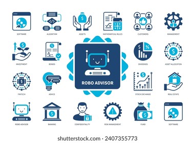 Robo Advisor icon set. Advisor, Investment, Software, Algorithm, Fintech, Management, Asset Allocation, Consulting. Duotone color solid icons