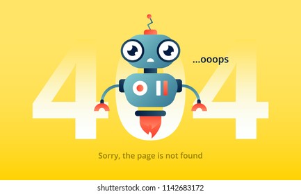 Robo advisor informs amazedly about 404 error. Cute robotic character with big eyes, antenna and rocket nozzle is disappointed that web page is not found. Colorful vector illustration for web.
