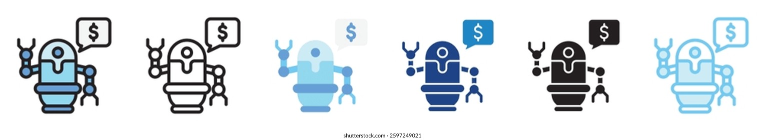 Robo Advisor multi style, mini illustration icon set. outline, flat, glyph, line color, UI, UX, app and web, digital or print. related to business, finance, financial technology.