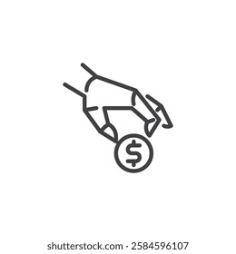 Robo Advisors line icon. linear style sign for mobile concept and web design. A robotic hand holding a dollar coin outline vector icon. Symbol, logo illustration. Vector graphics