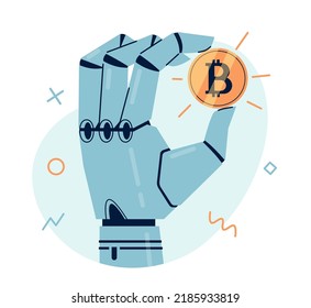 Robo Arm Holds A Bitcoin. Isolated White Background. Modern Flat Cartoon Illustration