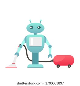 Robo cleaner, adviser and helper, help disabled people, cleaning robot, housework, mechanic robot, personal robo assistant. Colorful vector illustration for web, printing. Futuristic design concept