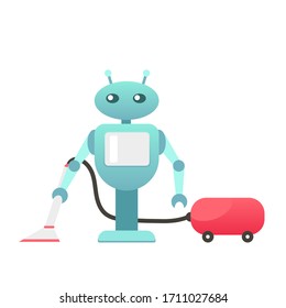 Robo cleaner, adviser and helper, help disabled people, cleaning robot, housework, mechanic robot, personal robo assistant. Colorful vector illustration for web, printing. Futuristic design concept