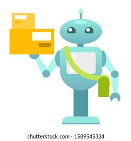 Robo courier, goods delivery machine, delivery robot, service robot, electronic machine, personal robo. Colorful vector illustration, image for web, printing, poster. Futuristic concept for design.