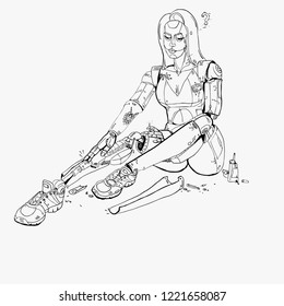 Robo Girl. Sketched Cyborg Woman. Lady Is Repairing Her Leg. Medical Prosthetics Concept. Stock Vector Illustration.