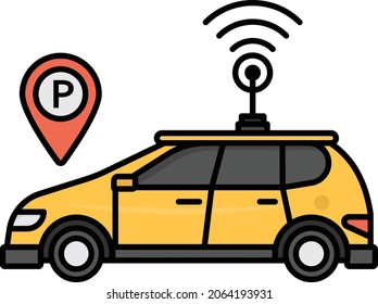 Robo taxi Parking Point Concept, Lorry with gps Signal Vector Color Icon Design, Future transportation Symbol, Driverless Green Transport innovation Sign, Autonomous aerial vehicle Stock Illustration