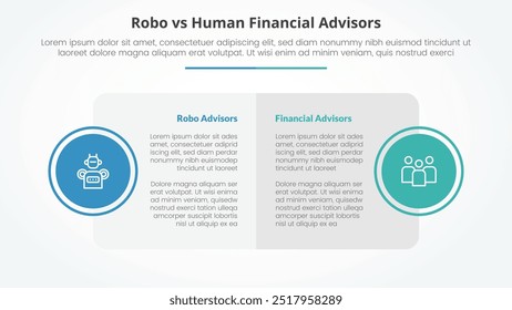 robo vs human advisors comparison opposite infographic concept for slide presentation with big box table and circle badge on side with flat style vector