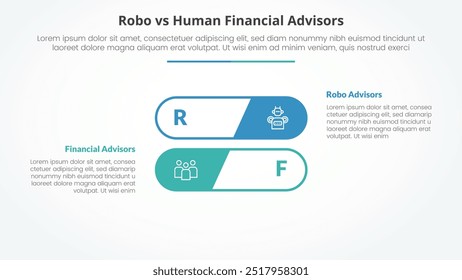robo vs human advisors comparison opposite infographic concept for slide presentation with round outline stack shape with flat style vector