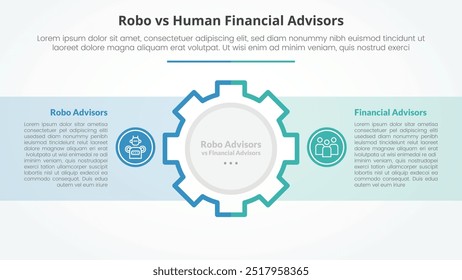 robo vs human adviser vergleich gegensätzliches infographisches konzept für die präsentation von schlitten mit geschirr auf mitte und box container mit flachen stil vektor