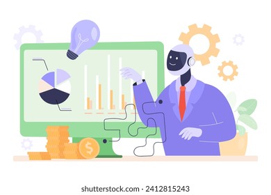 Robo-advisor in business suit analyzing financial reports vector illustration. Computer monitor with diagrams and charts. Artificial intelligence, finance concept