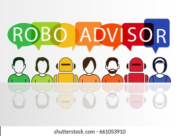 Robo-advisor concept as vector illustration with colorful icons of robots and persons