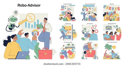 Robo-advisor illustration presenting interactive financial tools and services. It showcases clients interacting with AI for investment strategies, risk management, and long-term financial planning