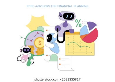 Robo-Advisors concept. Automated guidance in financial planning with data analysis and investment advice. Futuristic robots analyzing finances and trends. Vector illustration.