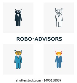 Robo-Advisors icon set. Four elements in diferent styles from fintech icons collection. Creative robo-advisors icons filled, outline, colored and flat symbols.