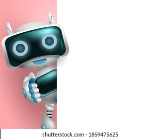 Robot 3d character vector background template. Robotic character showing empty white board element with space for presentation artificial intelligence technology design. Vector illustration.