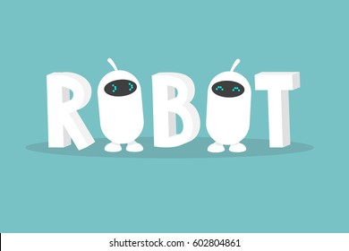Signo 3D robot. Dos caracteres bonitos entre las letras 3D / ilustración plana editable vectorial, imagen prediseñada