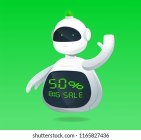 Robot with 50 percent big sale text robot screen on poster