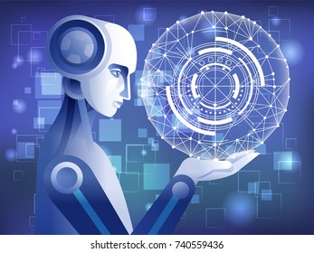 Robot with Abstract hologram Artificial Intelligence concept