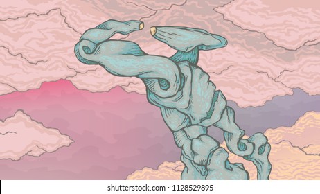 Robot abstraction character on a colored sky background, clouds.Rose, blue, turquoise, purple, yellow. The concept of high technology, android, artificial intelligence, AI.