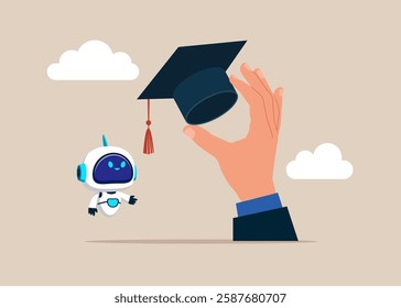 Robot with academic graduation mortarboard hat. Step forward winning target mortarboard degree. MBA. Flat vector illustration