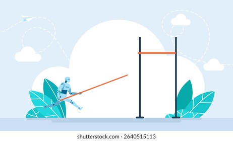 A robot accelerates to performing a pole vault. A humanoid pole vaulting. Overcoming obstacles or achieving goals in the context of data or business. Vector illustration