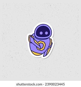 Robot act sticker mascot, character vector design in purple color. Cute flat design. Suitable for stickers print, poster, web, technology designs and banner.