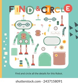 Robot activities for kids. Find and circle all details of robot. Vector illustration. Book square format.
