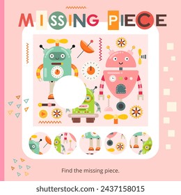 Robot activities for kids. Find the correct  missing piece for picture. Vector illustration. Matching game. Square page for Activity Book.