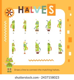 Robot  activities for kids. Find the correct halves for Robots. Vector illustration. Matching game. Square page for Activity Book.