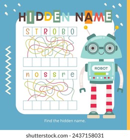 Robot activities for kids. Find the hidden name – Robots, sensor. Logic games for children. Vector illustration. Square page for Activity Book.