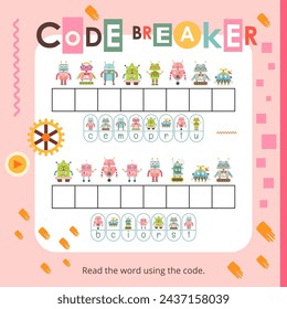 Robot activities for kids. Find the hidden words in Code Breaker. Logic games for children. Vector illustration. Square page for Activity Book.